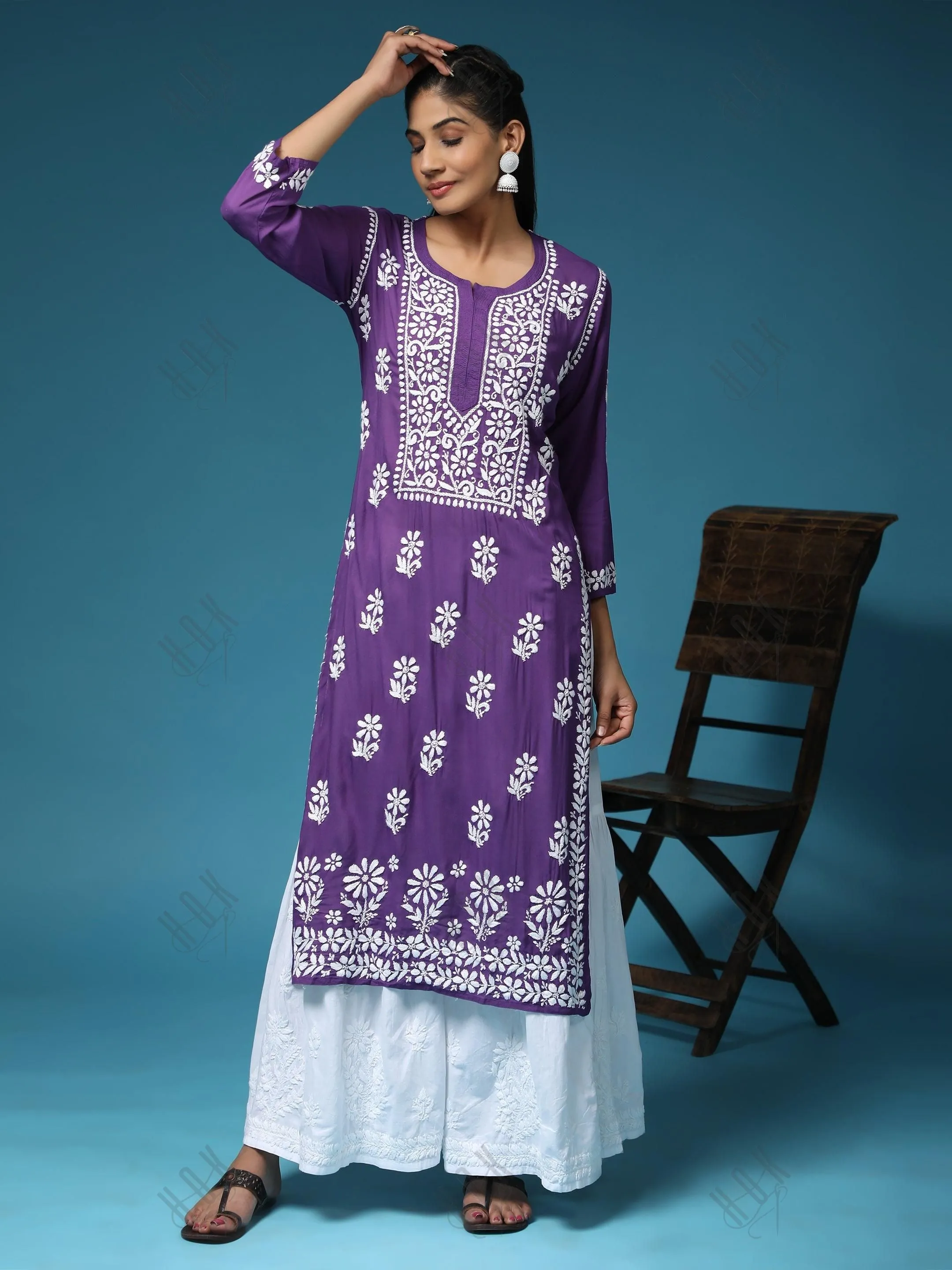 Premium Hand Embroidery Chikankari Kurta Modal Cotton- Purple