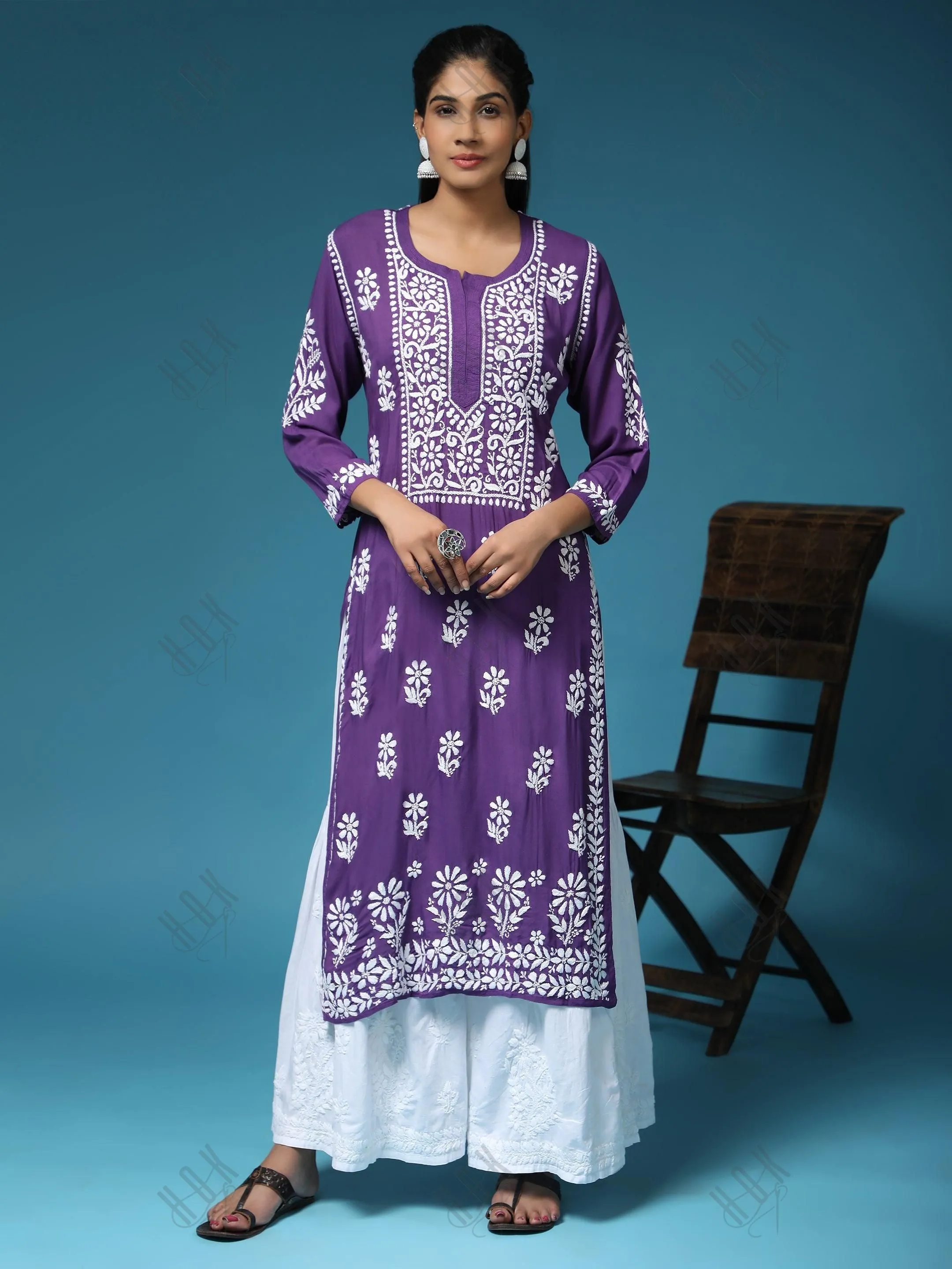 Premium Hand Embroidery Chikankari Kurta Modal Cotton- Purple