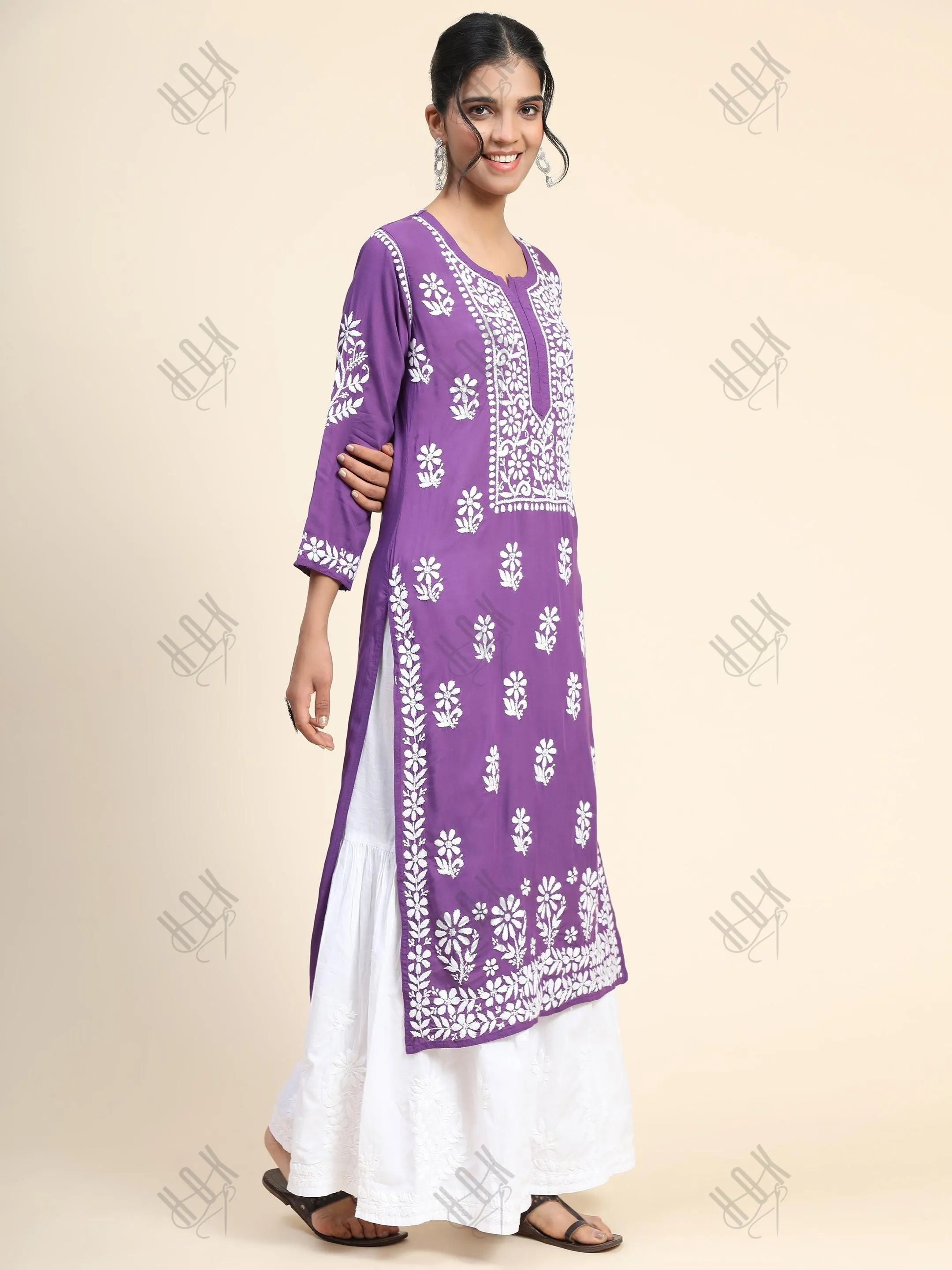 Premium Hand Embroidery Chikankari Kurta Modal Cotton- Purple