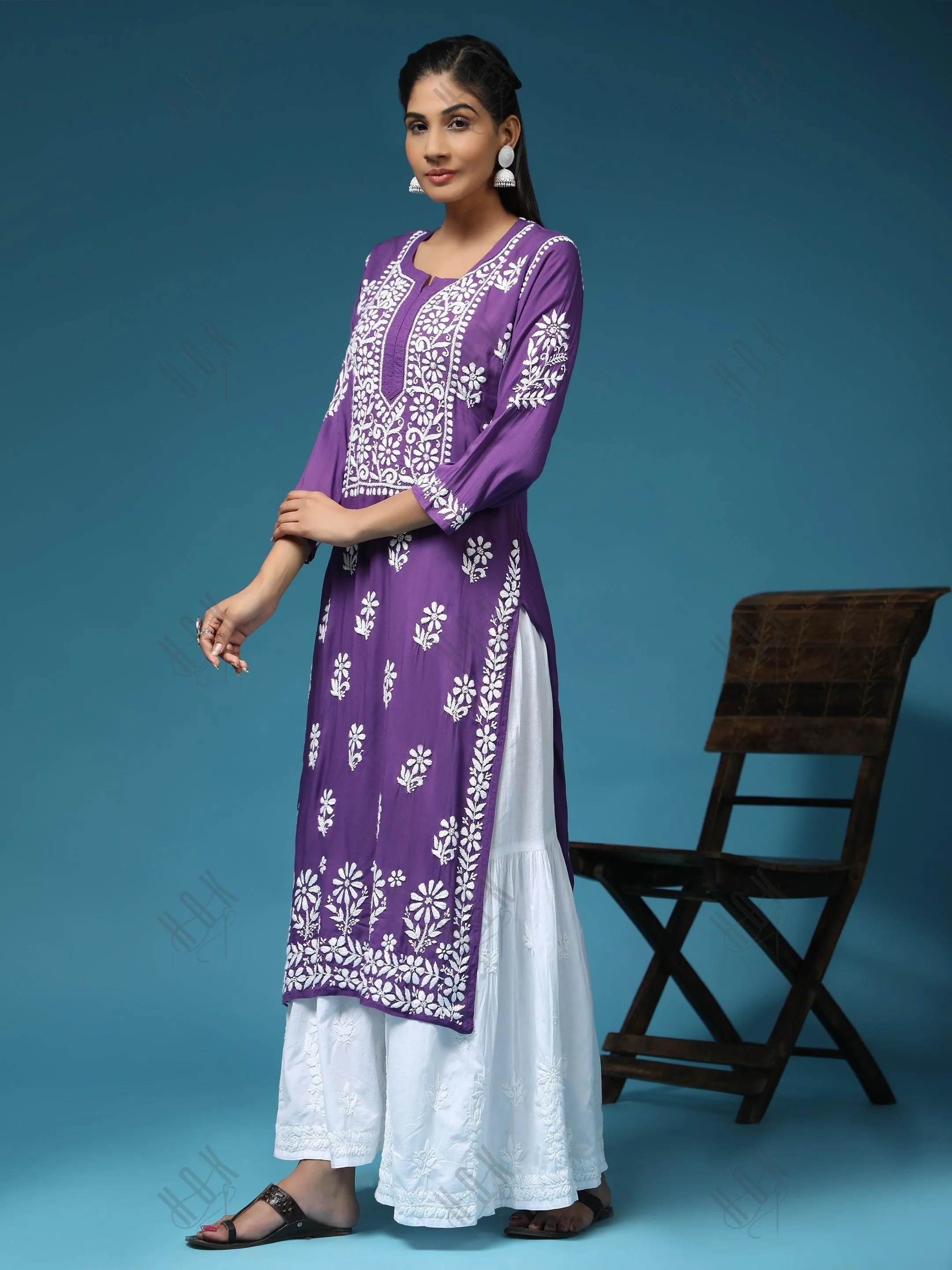 Premium Hand Embroidery Chikankari Kurta Modal Cotton- Purple