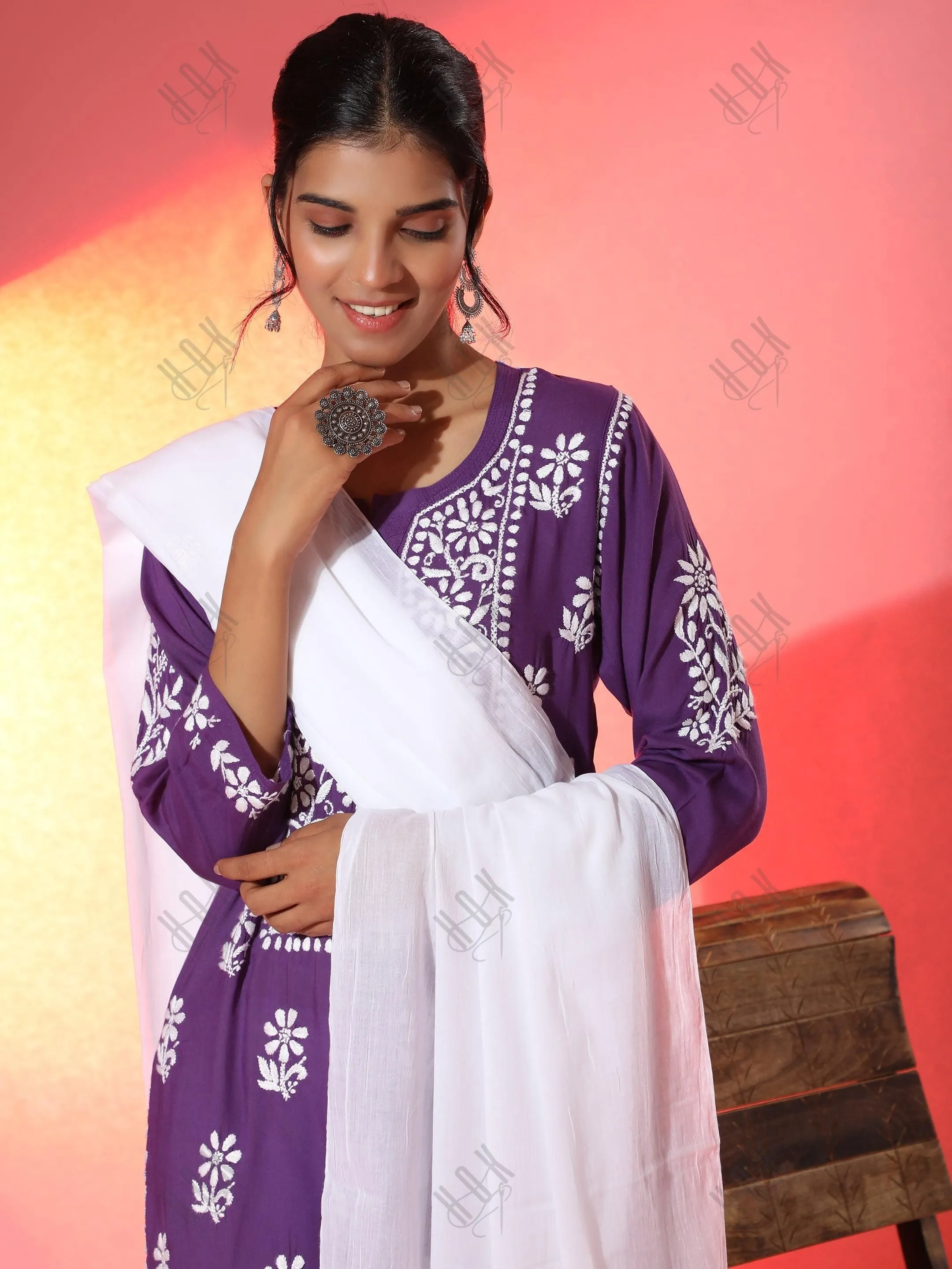 Premium Hand Embroidery Chikankari Kurta Modal Cotton- Purple
