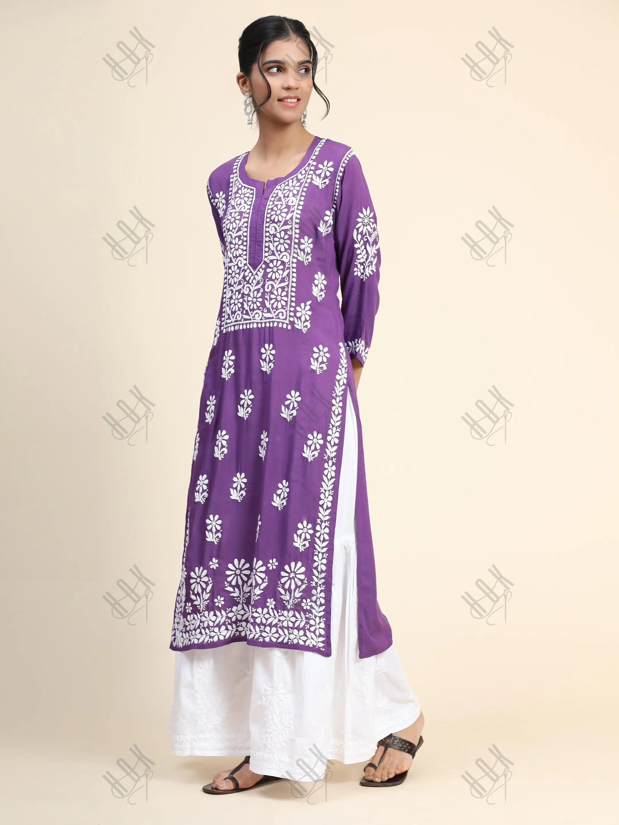 Premium Hand Embroidery Chikankari Kurta Modal Cotton- Purple