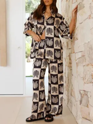 Printed Collared Neck Top and Wide Leg Pants Set