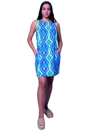 Printed Short Dress with Pockets, Blue Color