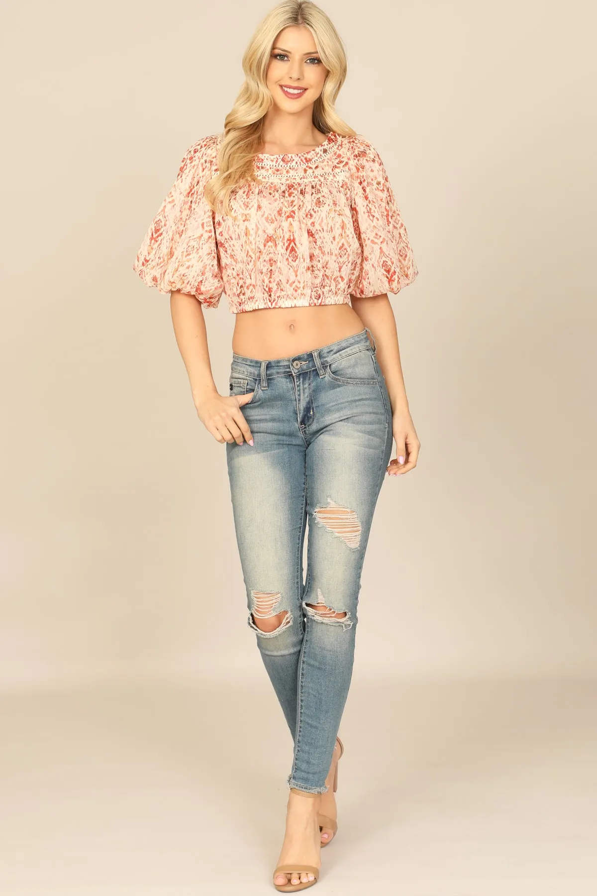 PUFF SLEEVE PRINTED TOP