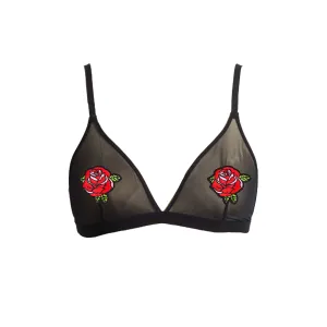 Red Roses Pastie Applique Black Mesh Bralette