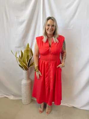 Red V Neck Zip Up Dress