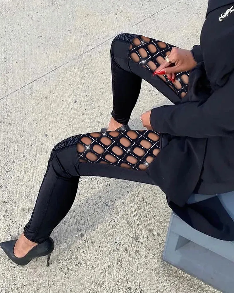 Rhinestone Fishnet Patch Glitter Pants Sexy Pencil Pants