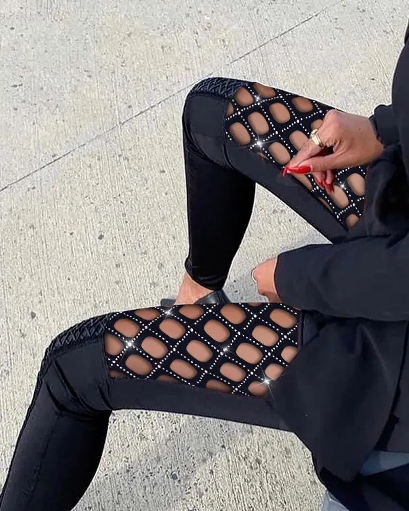 Rhinestone Fishnet Patch Glitter Pants Sexy Pencil Pants