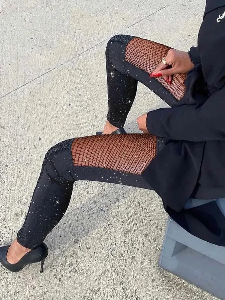 Rhinestone Fishnet Patch Glitter Pants Sexy Pencil Pants