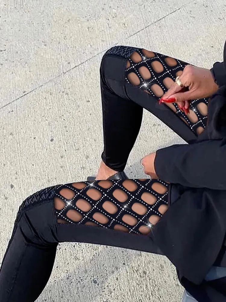 Rhinestone Fishnet Patch Glitter Pants Sexy Pencil Pants