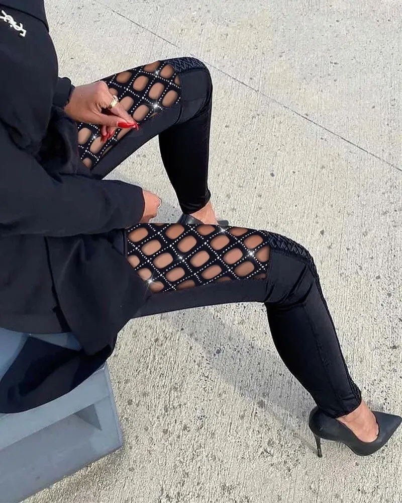 Rhinestone Fishnet Patch Glitter Pants Sexy Pencil Pants