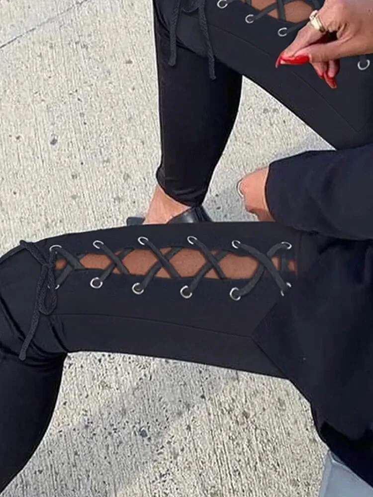 Rhinestone Fishnet Patch Glitter Pants Sexy Pencil Pants