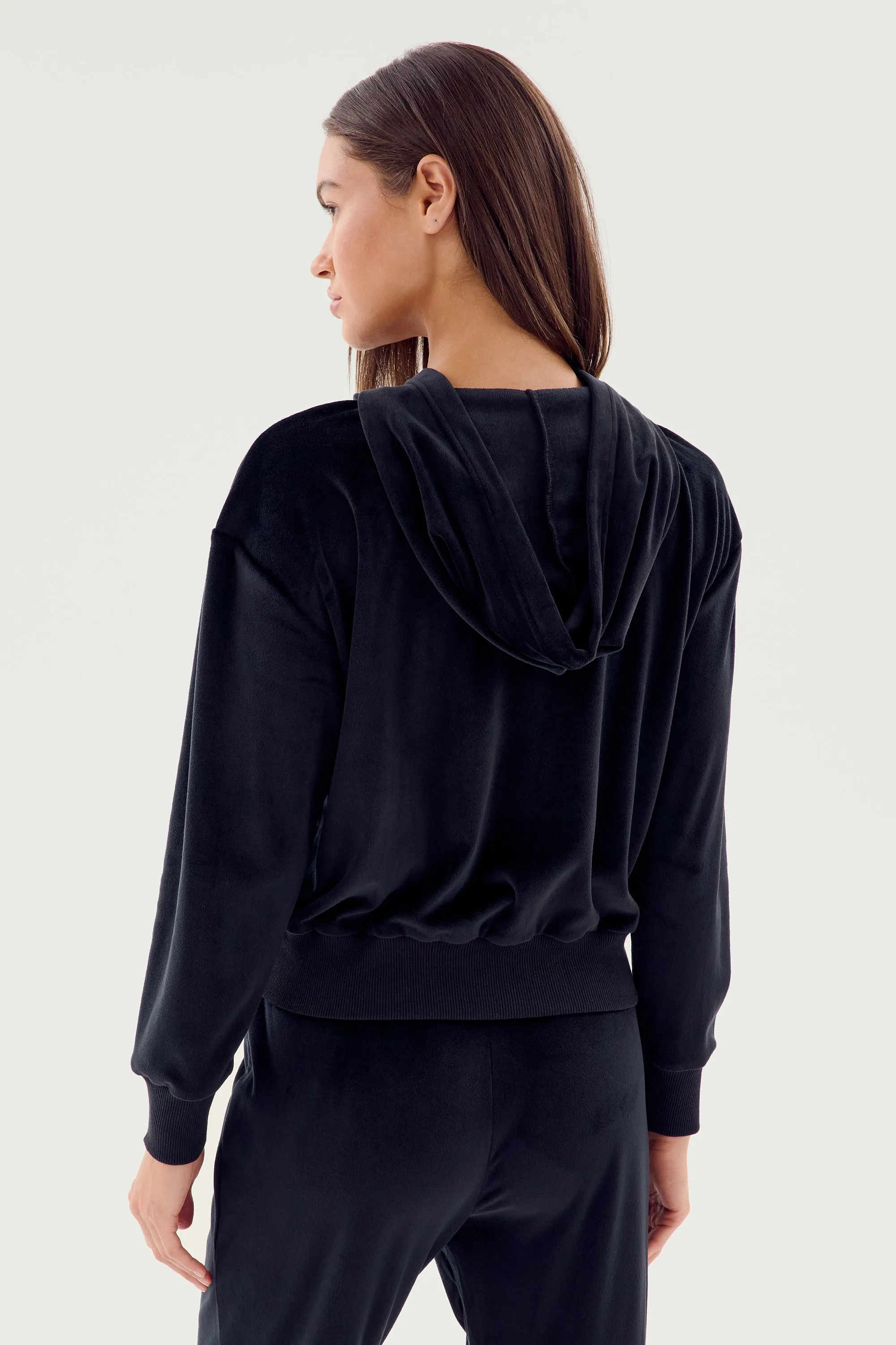 Rhys Velour Zip Up Hoodie - Black