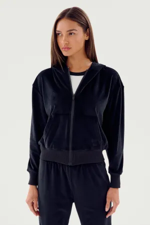Rhys Velour Zip Up Hoodie - Black