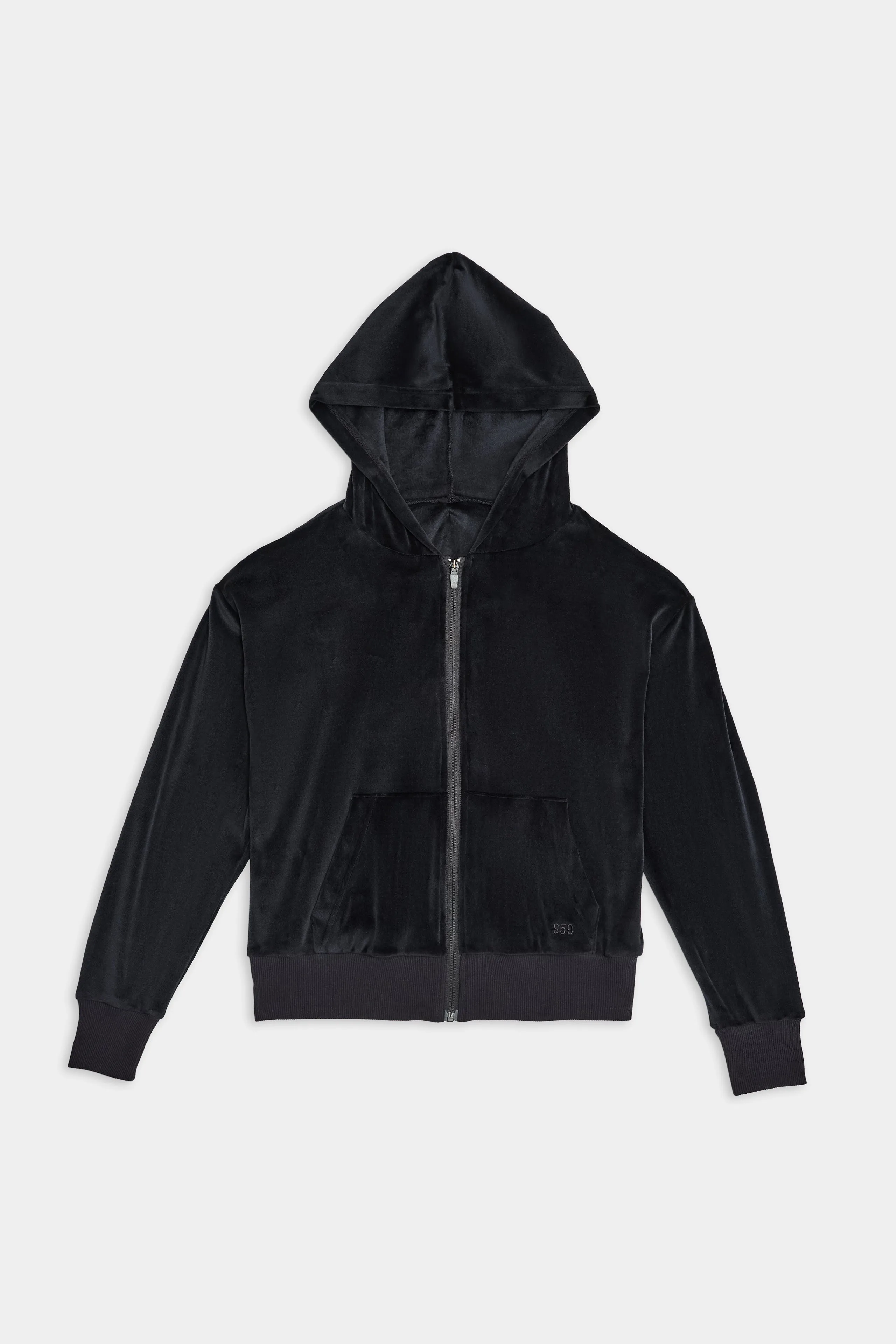 Rhys Velour Zip Up Hoodie - Black
