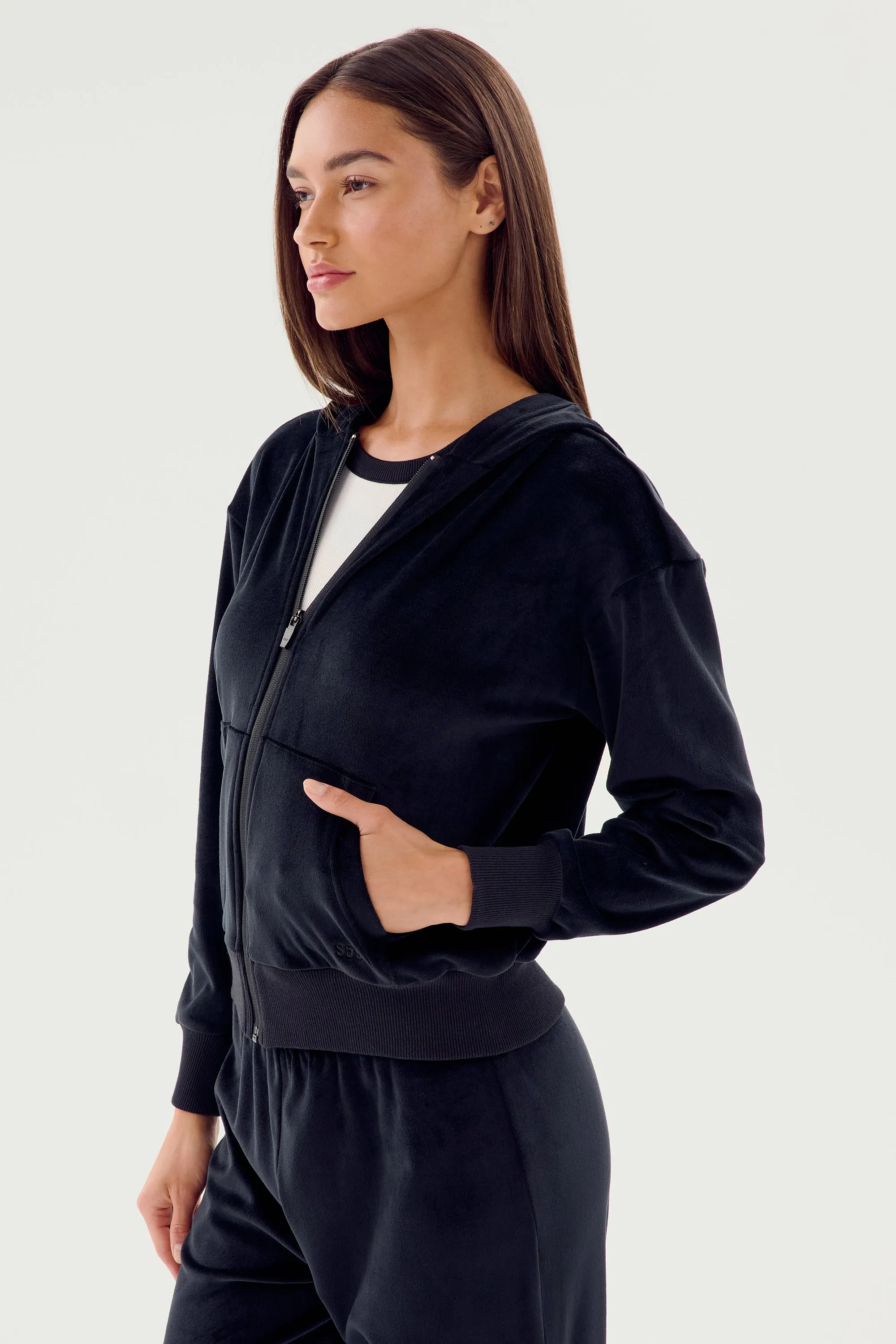Rhys Velour Zip Up Hoodie - Black