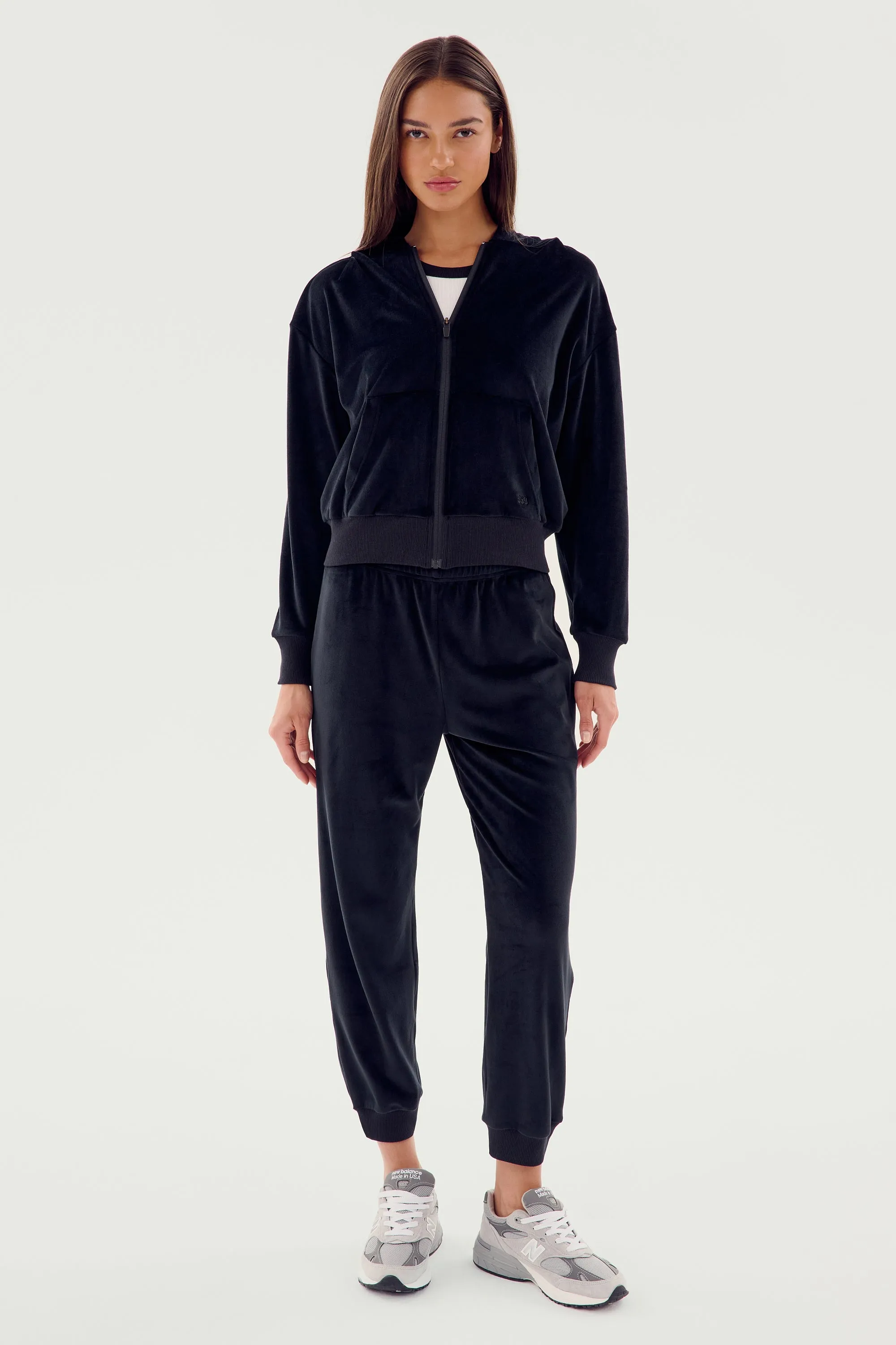Rhys Velour Zip Up Hoodie - Black