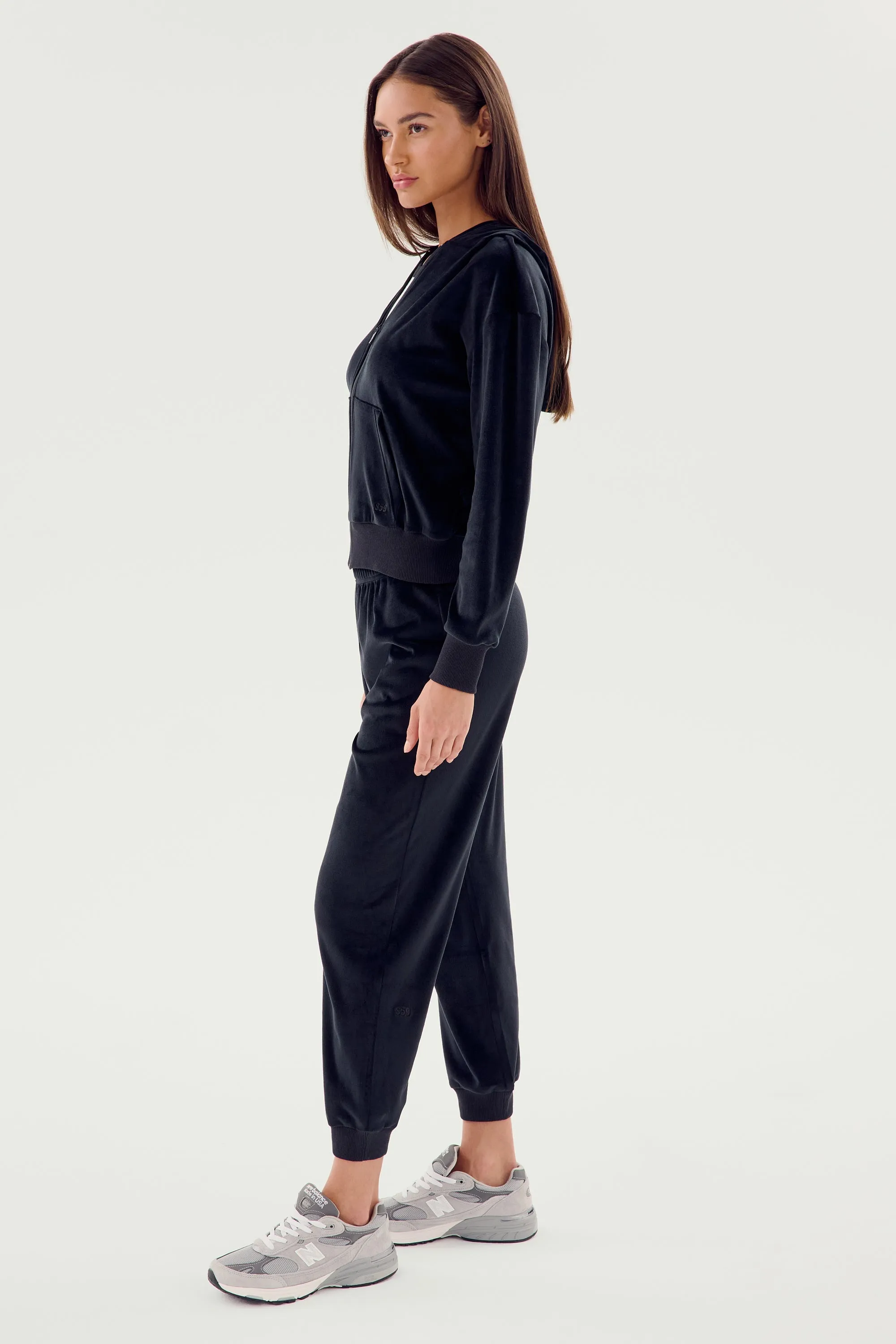 Rhys Velour Zip Up Hoodie - Black