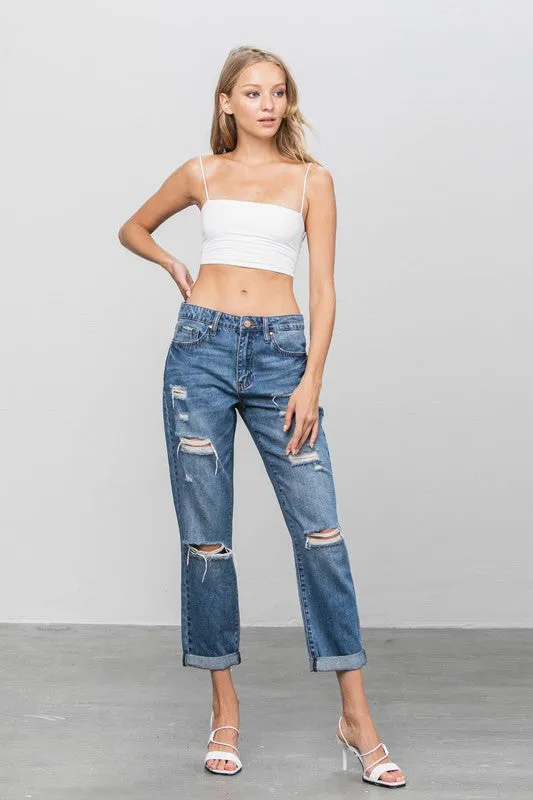 Ripped Dark Wash Cropped Boyfriend Jeans