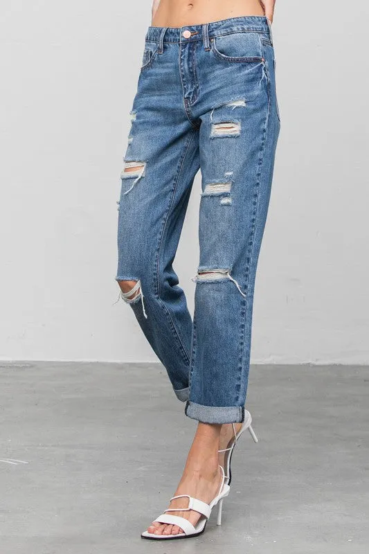 Ripped Dark Wash Cropped Boyfriend Jeans