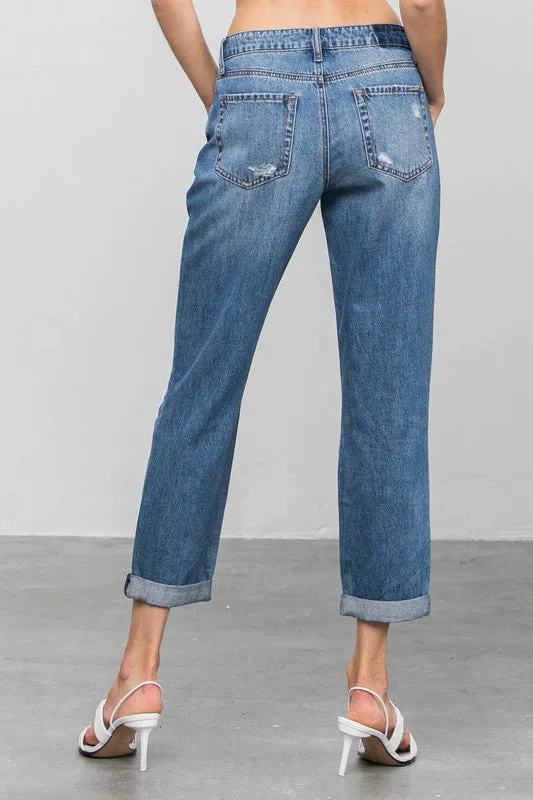 Ripped Dark Wash Cropped Boyfriend Jeans