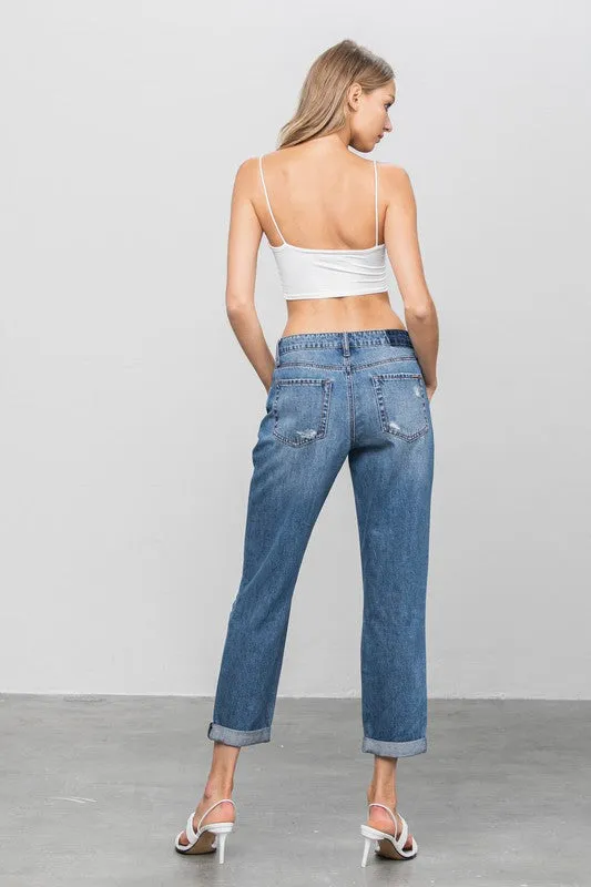 Ripped Dark Wash Cropped Boyfriend Jeans