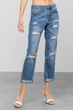 Ripped Dark Wash Cropped Boyfriend Jeans