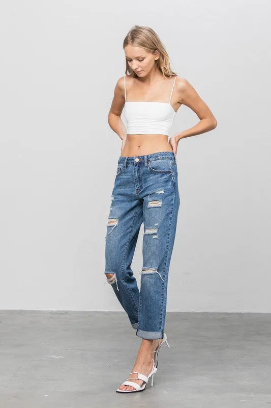 Ripped Dark Wash Cropped Boyfriend Jeans
