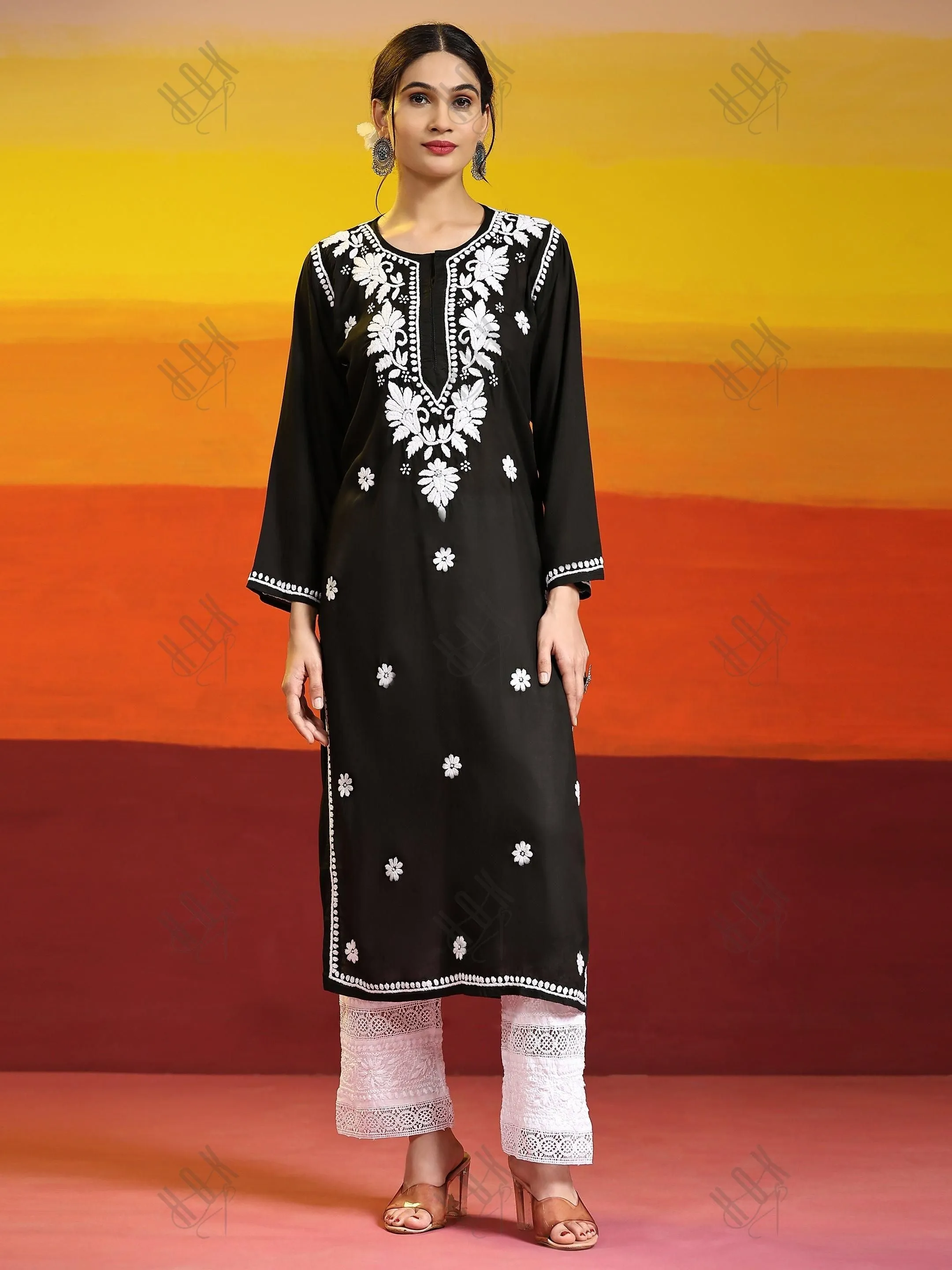 Samma Chikankari Long Kurta In Modal Cotton For Women