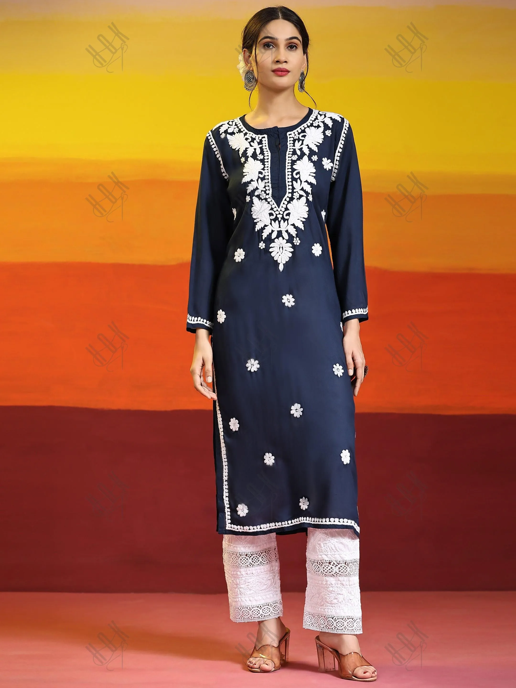 Samma Chikankari Long Kurta In Modal Cotton For Women