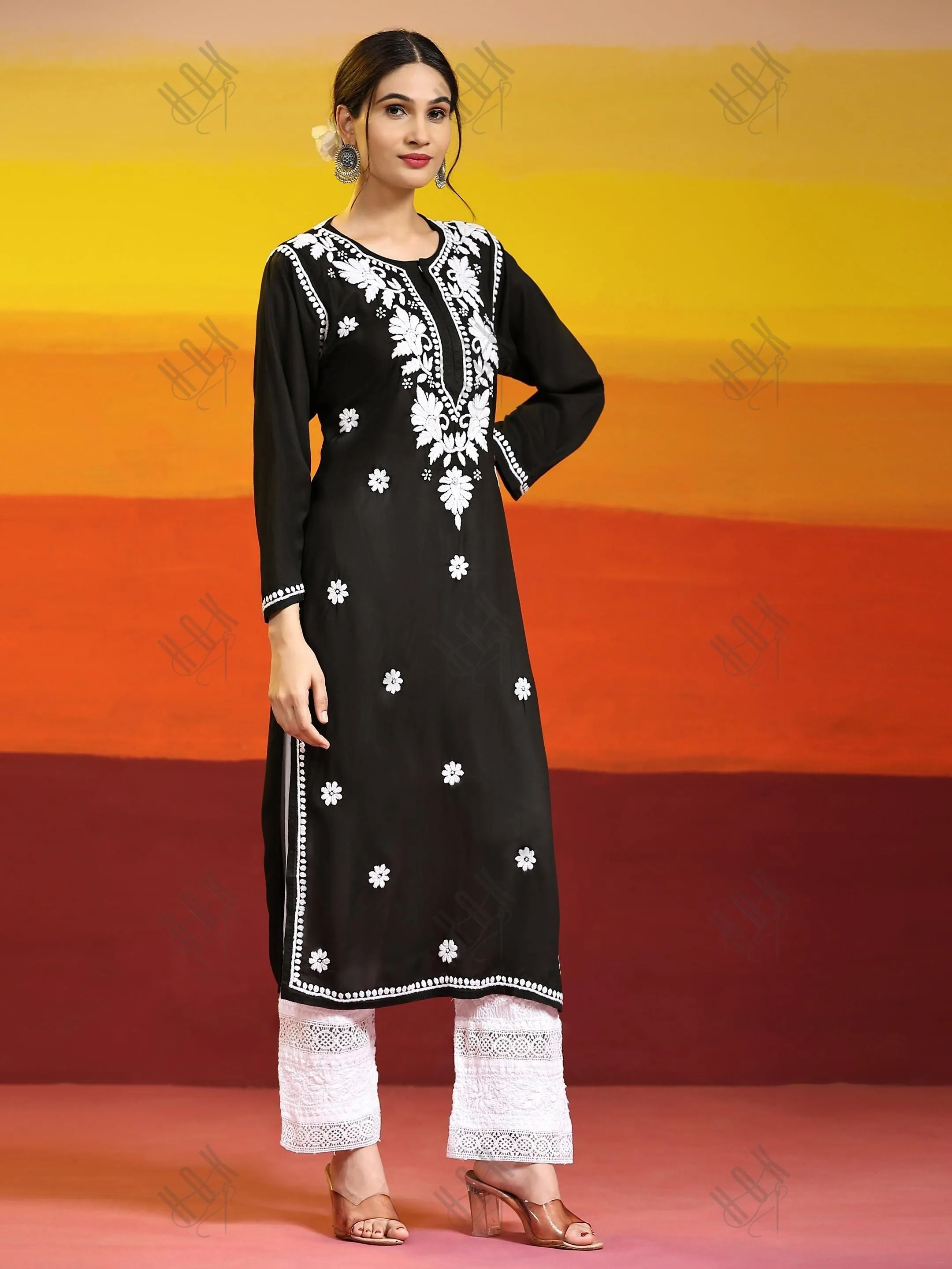 Samma Chikankari Long Kurta In Modal Cotton For Women