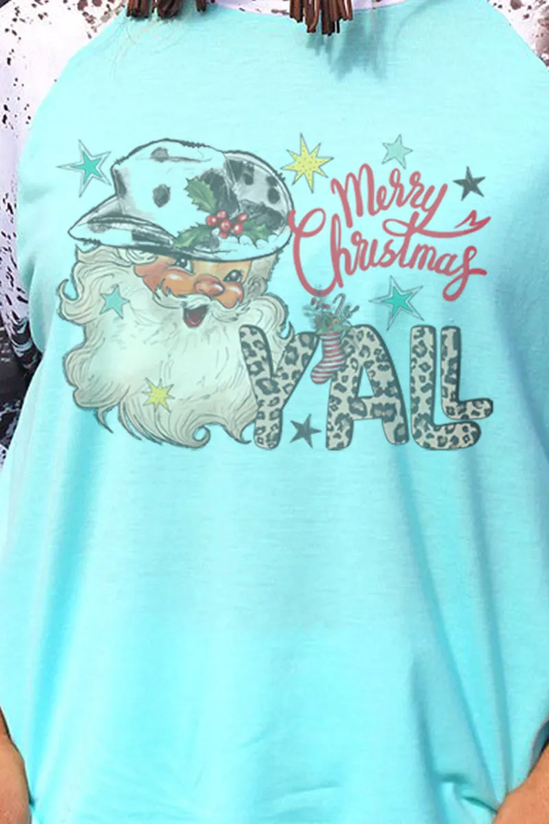 Santa Merry Christmas Y'all 3/4 Printed Sleeve Raglan Tee