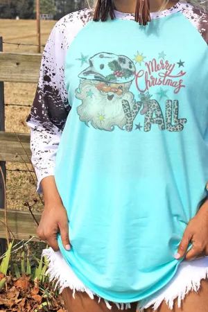 Santa Merry Christmas Y'all 3/4 Printed Sleeve Raglan Tee