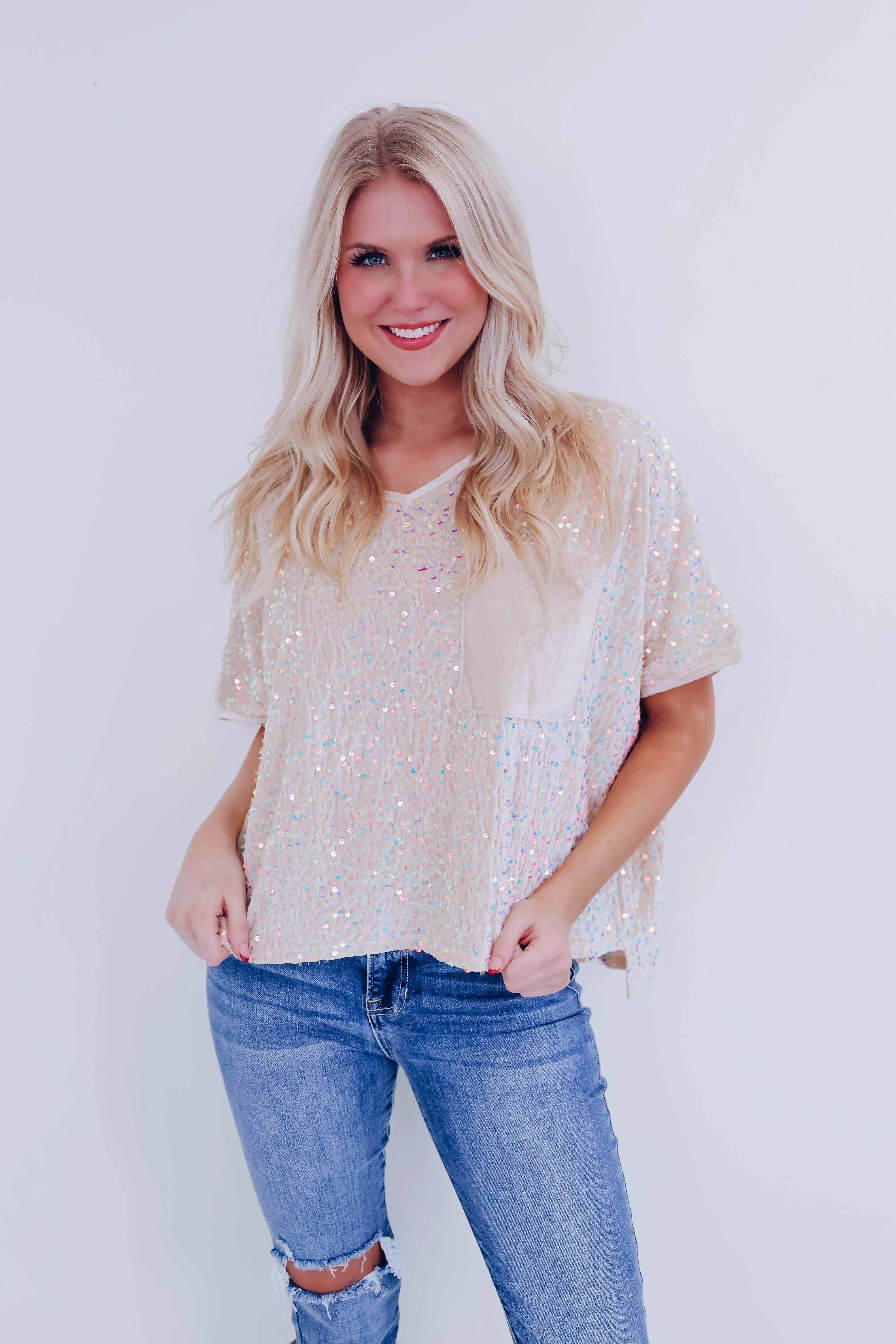 Sav Sequin N Velvet Top - Cream