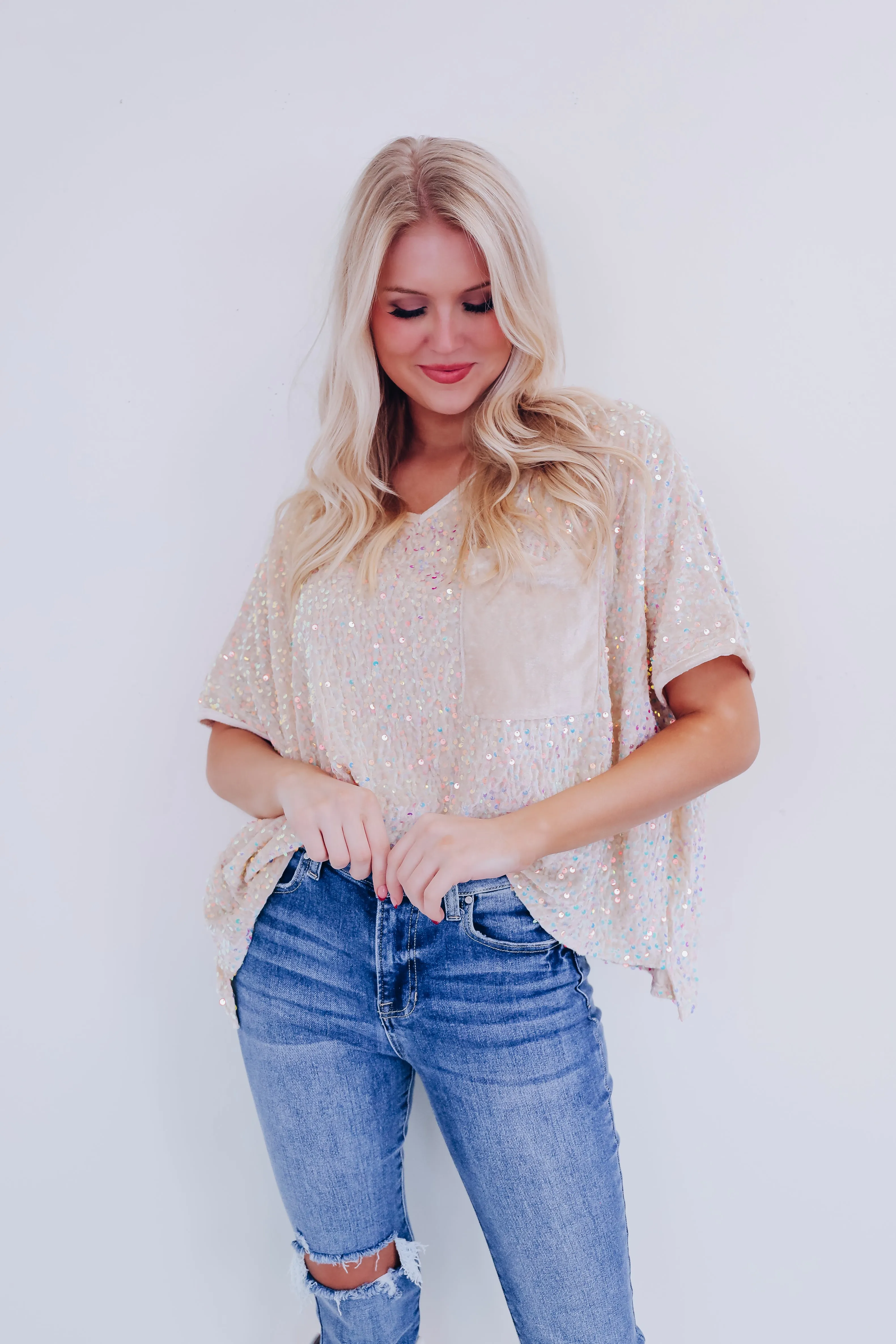 Sav Sequin N Velvet Top - Cream