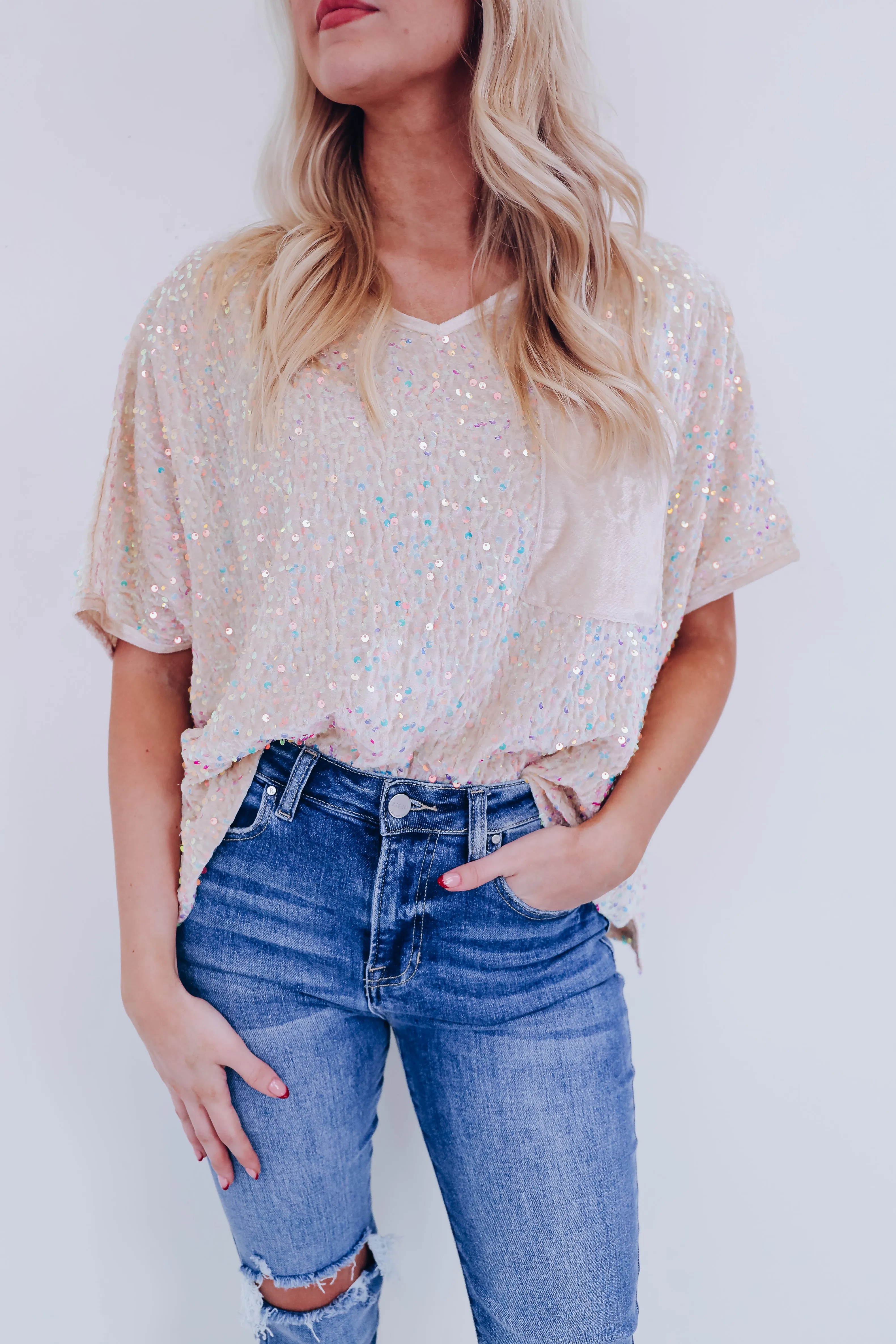 Sav Sequin N Velvet Top - Cream
