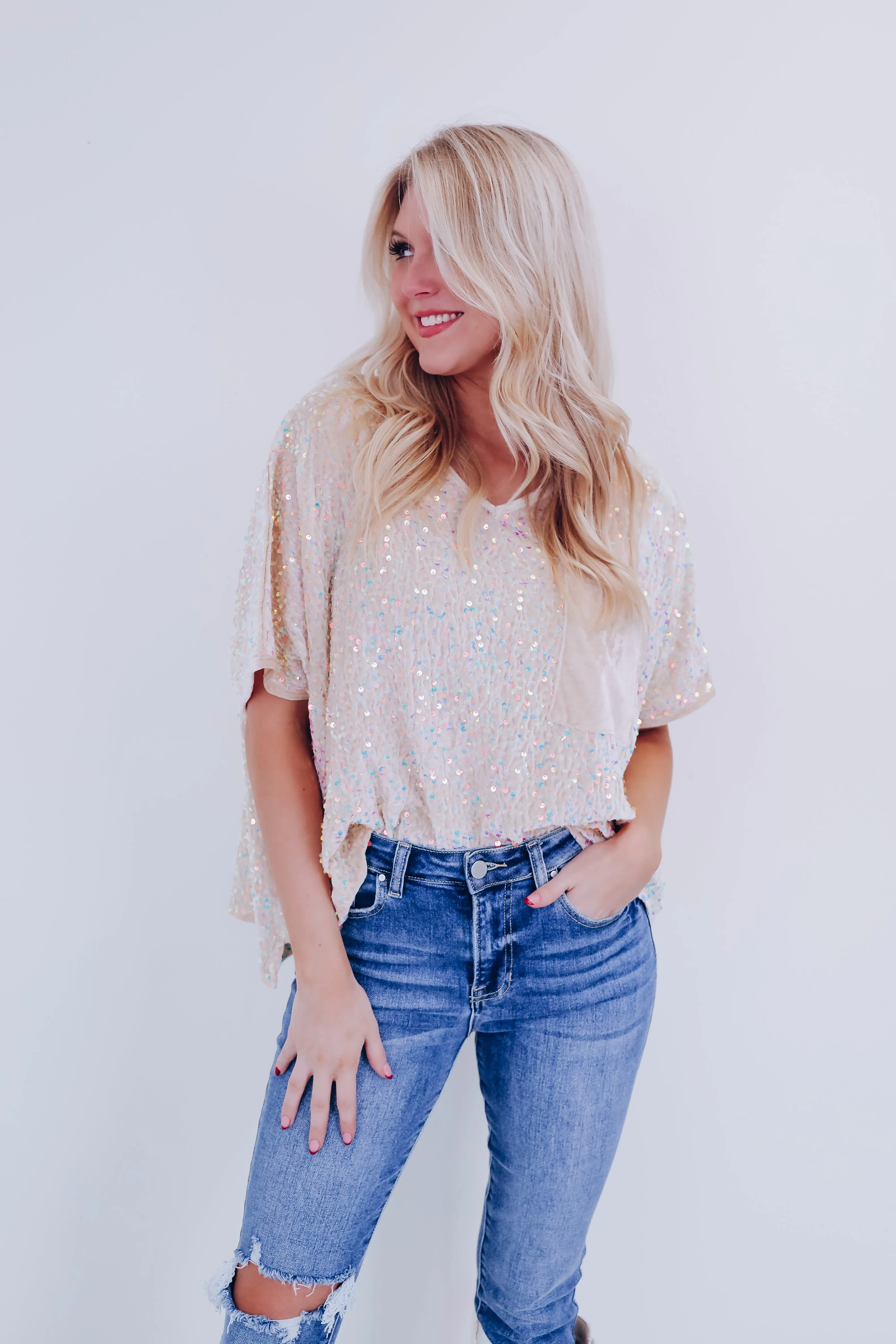 Sav Sequin N Velvet Top - Cream