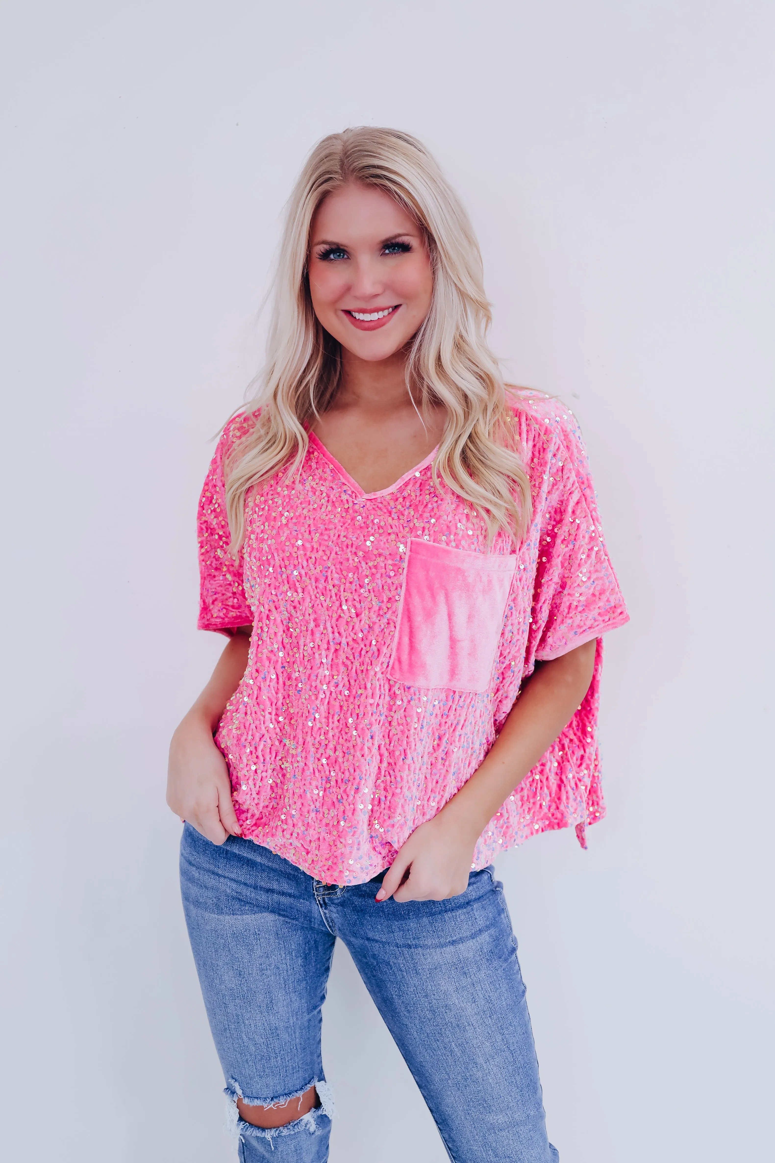 Sav Sequin N Velvet Top - Pink