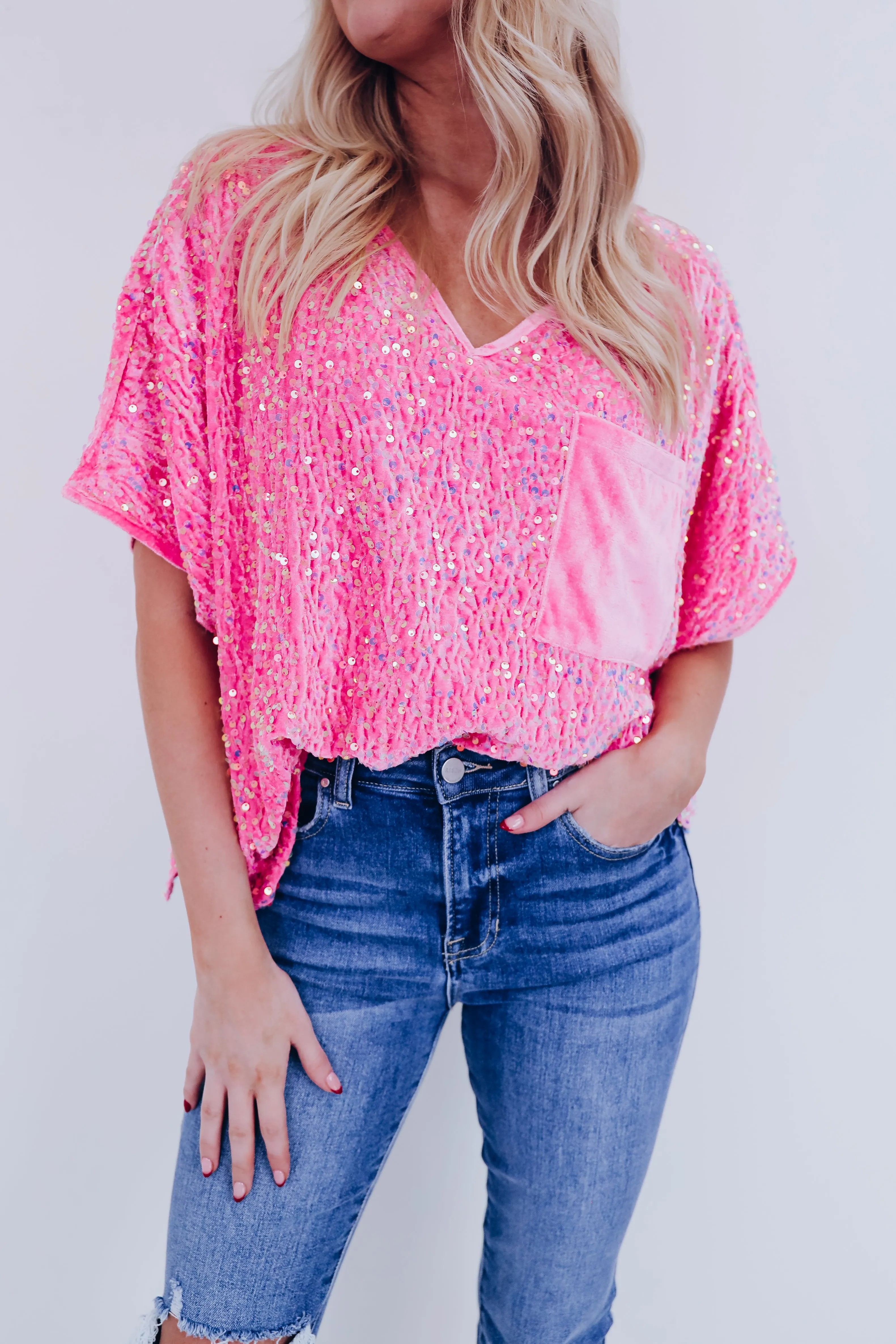 Sav Sequin N Velvet Top - Pink