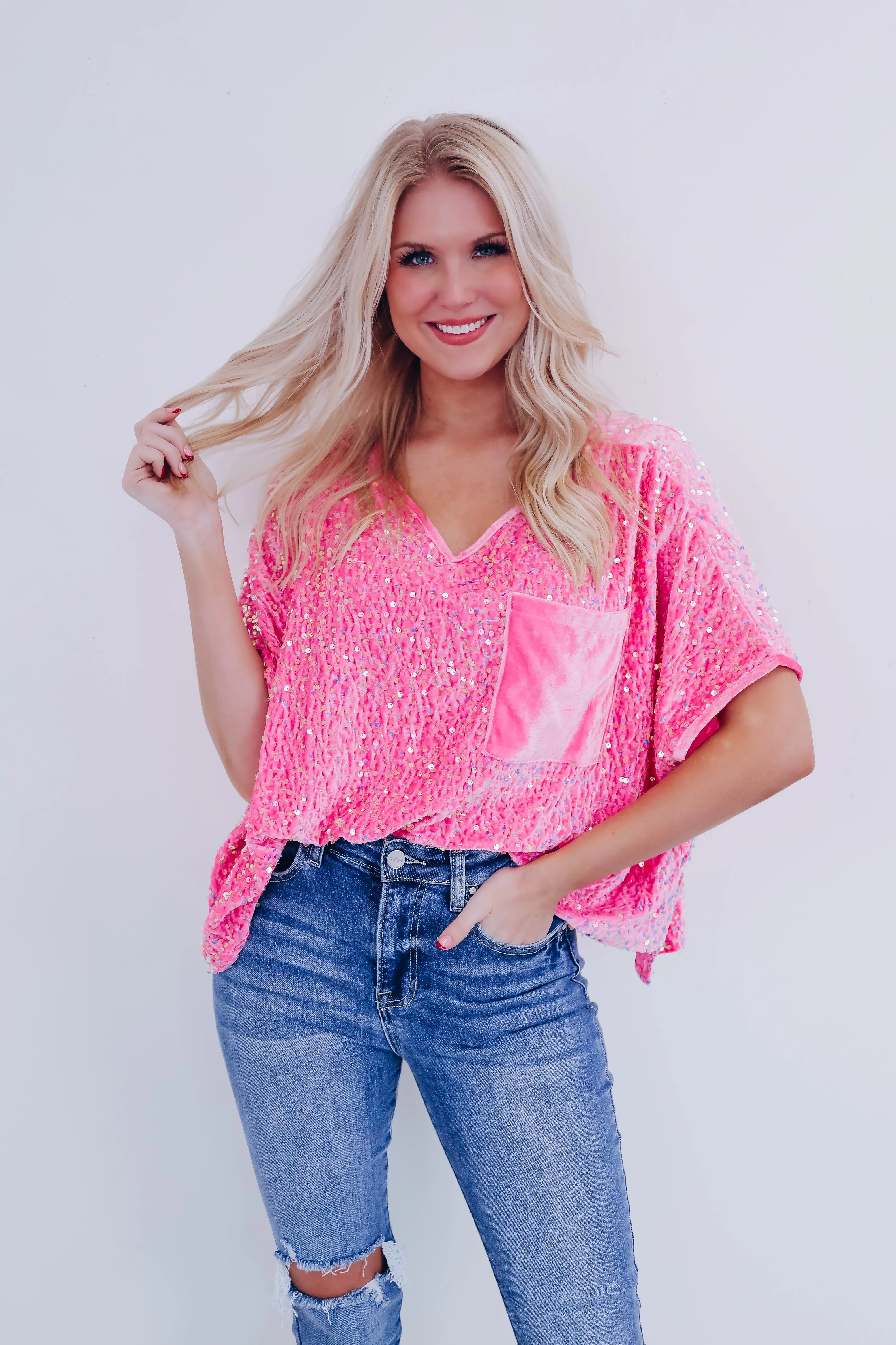 Sav Sequin N Velvet Top - Pink