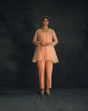 Shikha Mehta Kim Apricot Zahi Cape Set Silk Organza Silk Chanderi Peach Hana Ss21F-Zc