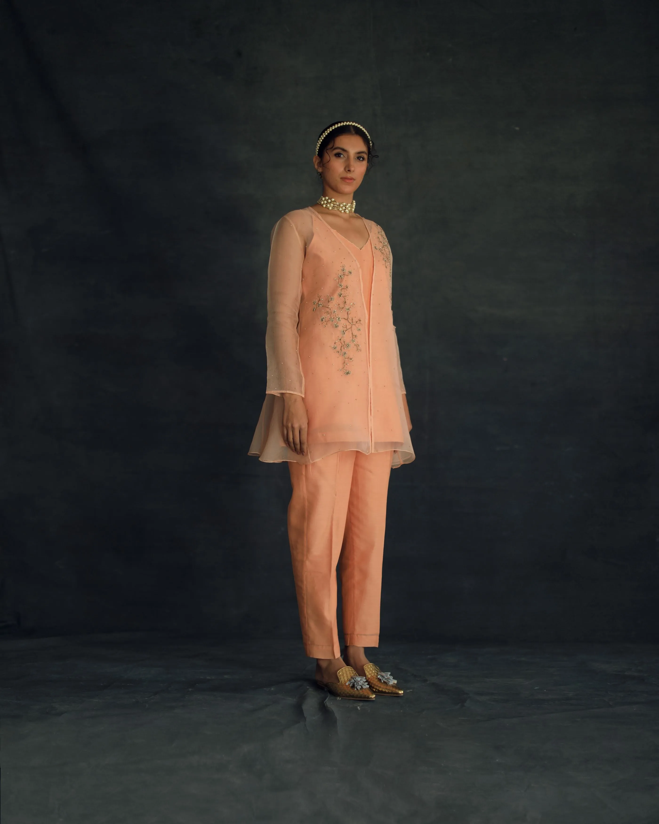 Shikha Mehta Kim Apricot Zahi Cape Set Silk Organza Silk Chanderi Peach Hana Ss21F-Zc