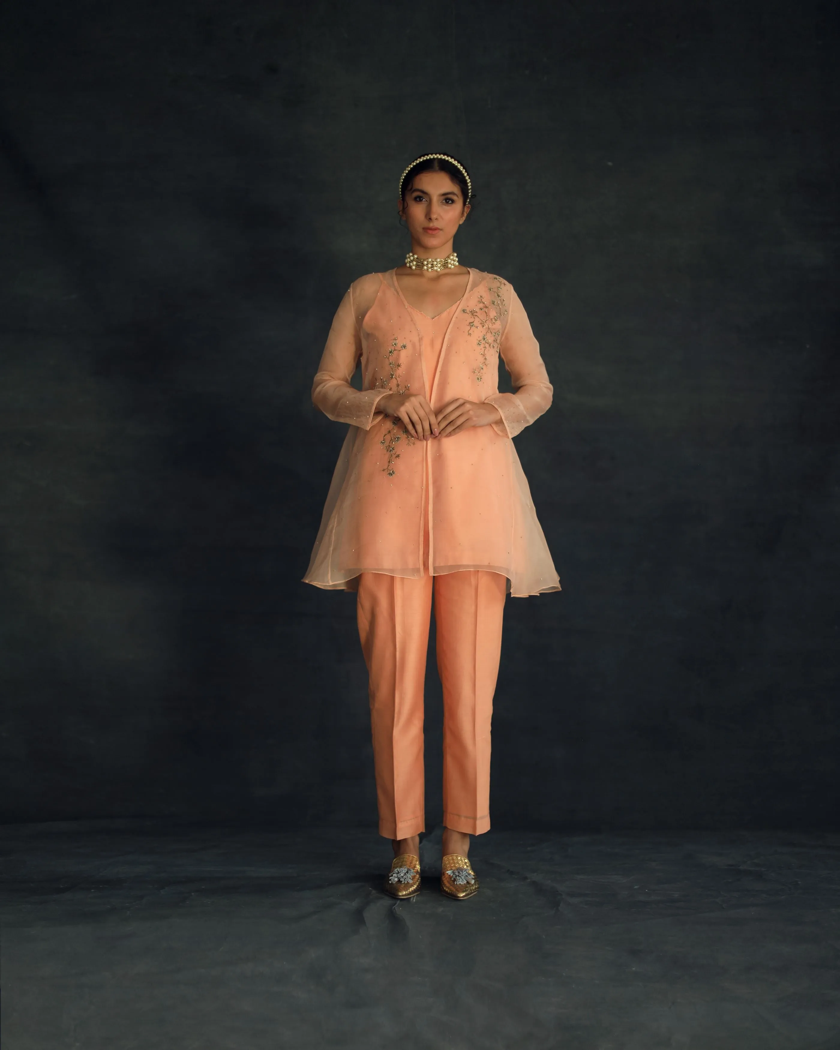 Shikha Mehta Kim Apricot Zahi Cape Set Silk Organza Silk Chanderi Peach Hana Ss21F-Zc