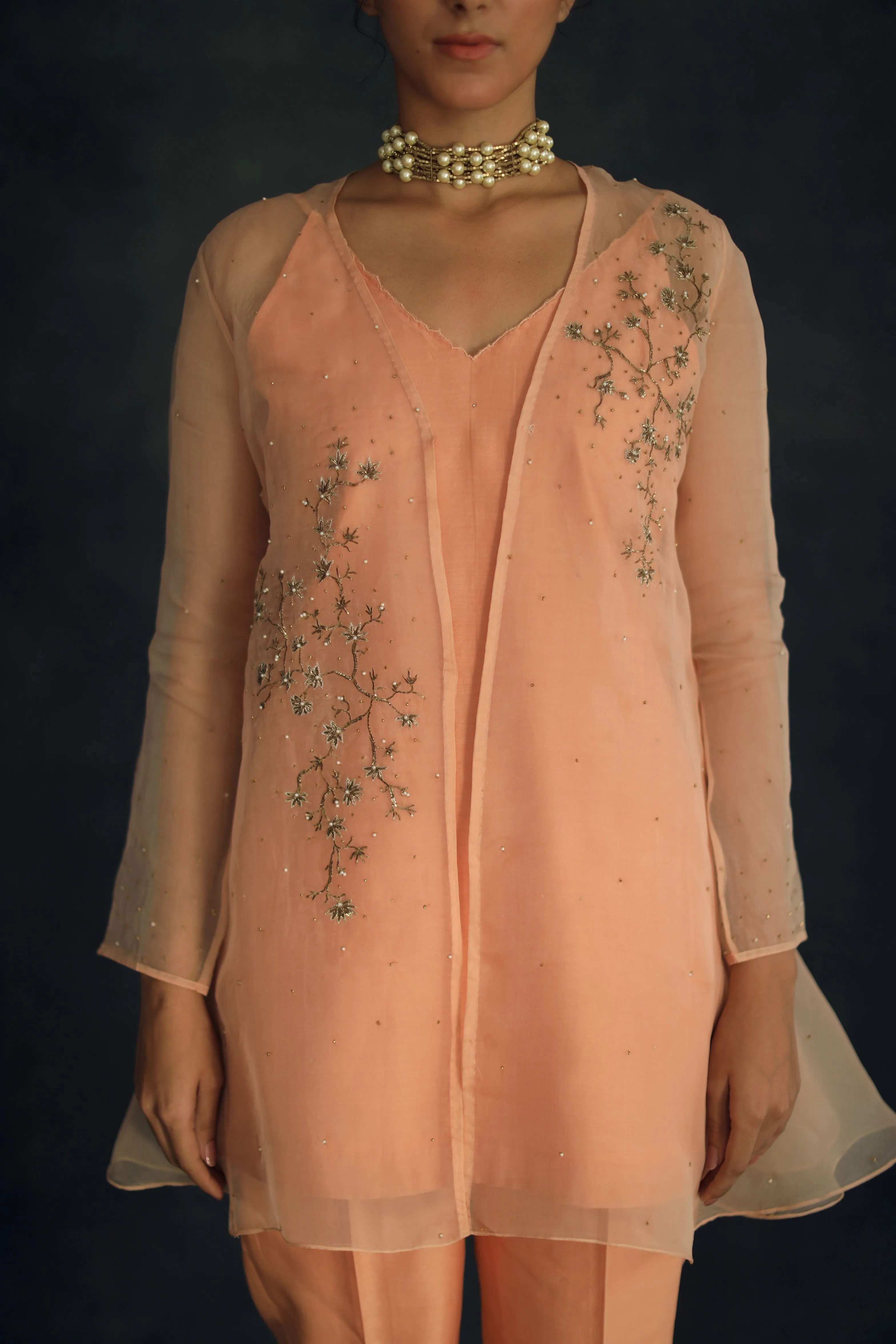 Shikha Mehta Kim Apricot Zahi Cape Set Silk Organza Silk Chanderi Peach Hana Ss21F-Zc