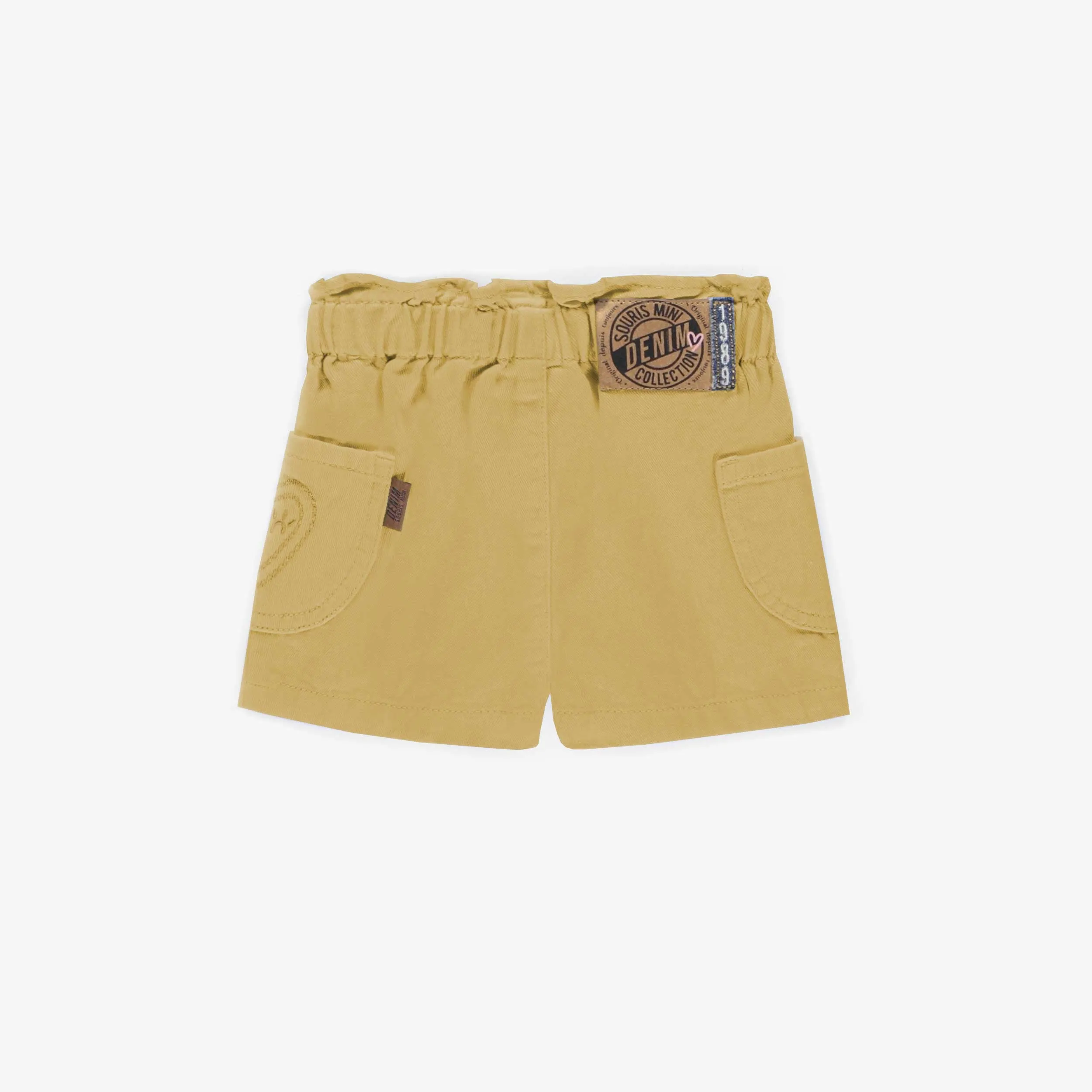 Short en denim coloré jaune pâle, bébé || Pale yellow colored denim shorts, baby