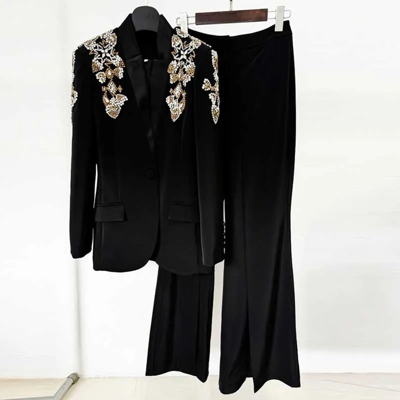 Single-Breasted Diamond Blazer Split Bell Pants Set Black Pantsuit