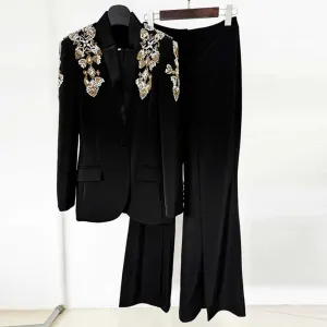 Single-Breasted Diamond Blazer Split Bell Pants Set Black Pantsuit