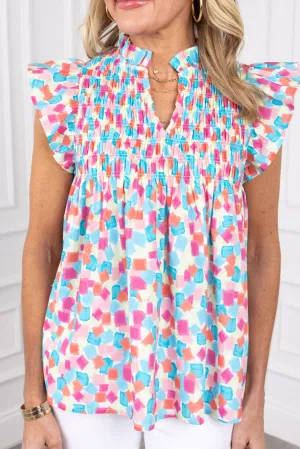 Sky Blue Shirred Yoke Ruffled Abstract Printed Blouse