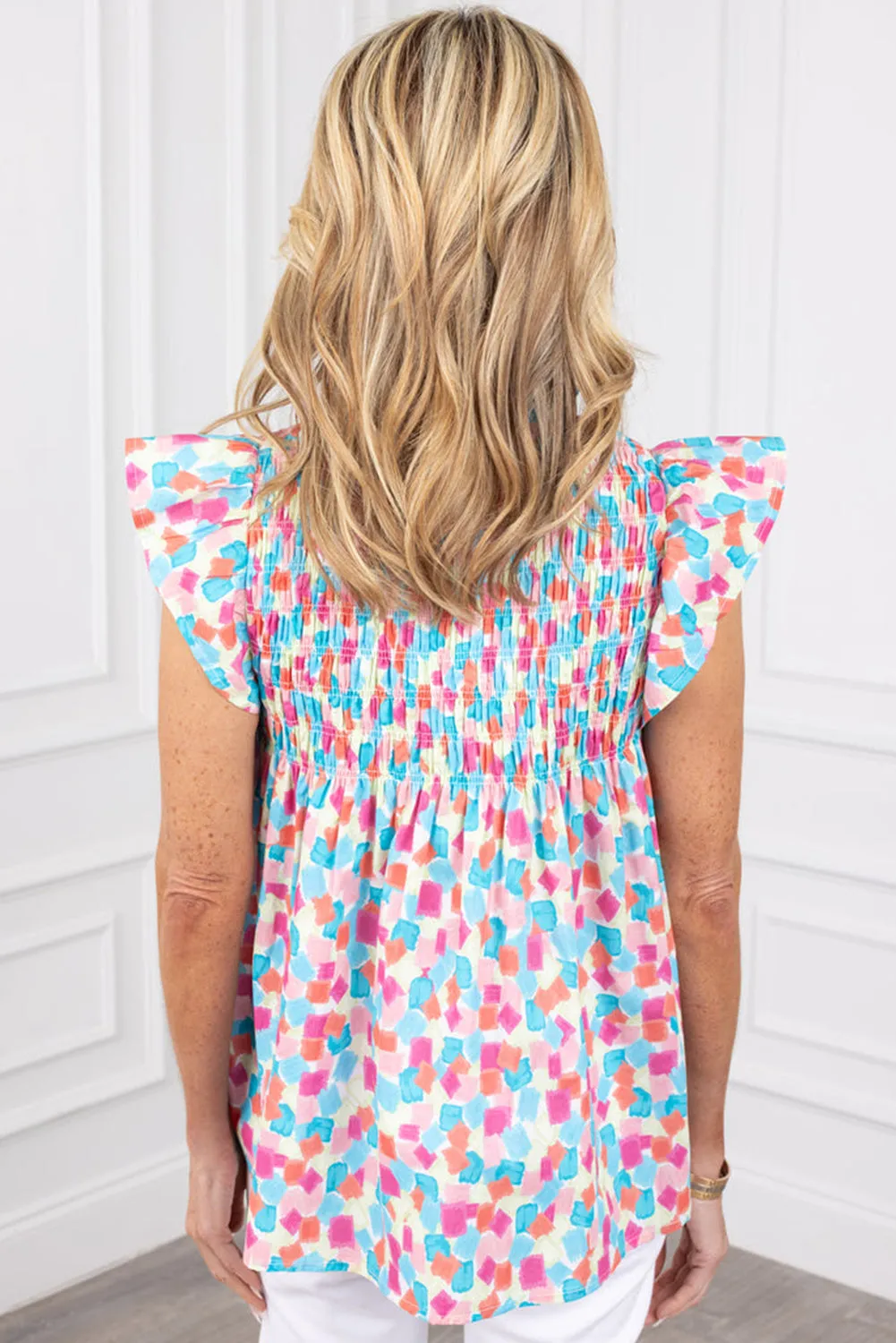Sky Blue Shirred Yoke Ruffled Abstract Printed Blouse
